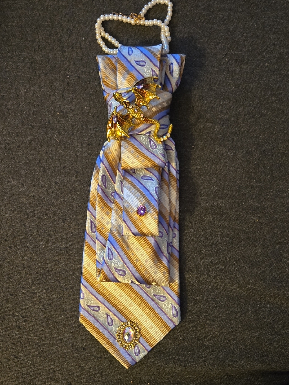 3/$60 Gold and Lavender Striped Cravat with Dragon Brooch And Crystal Detail